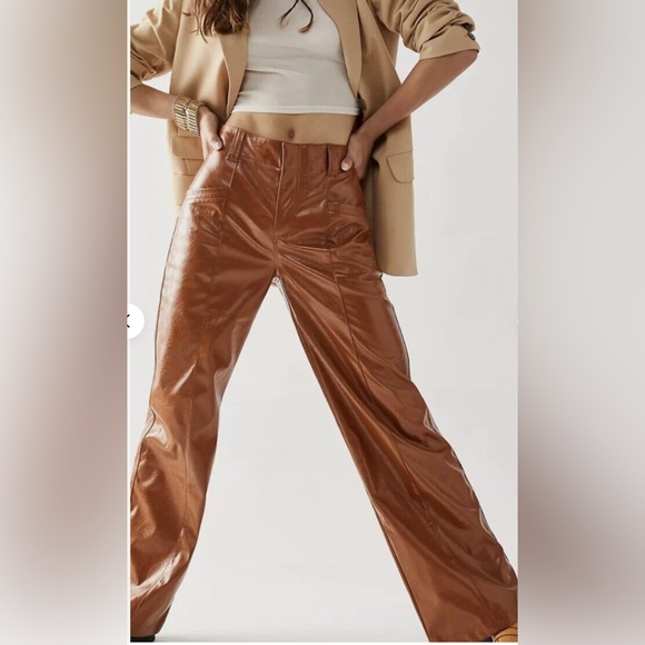 FREE PEOPLE Star Crossed Lovers Faux Leather Tan Trousers size 0 - Picture 5 of 14